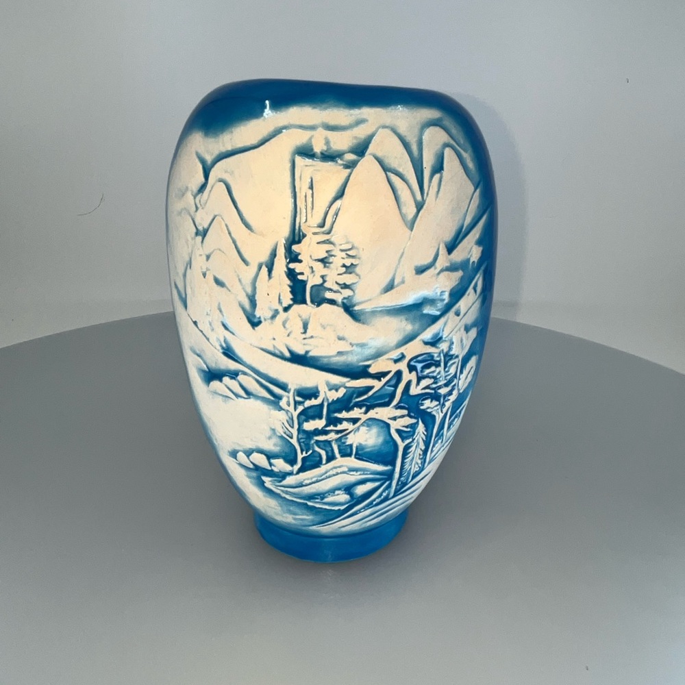 Signed 7” Tall Bright Blue & White Woodland Scene Bud Vase (Ginger Jar W/O Lid)